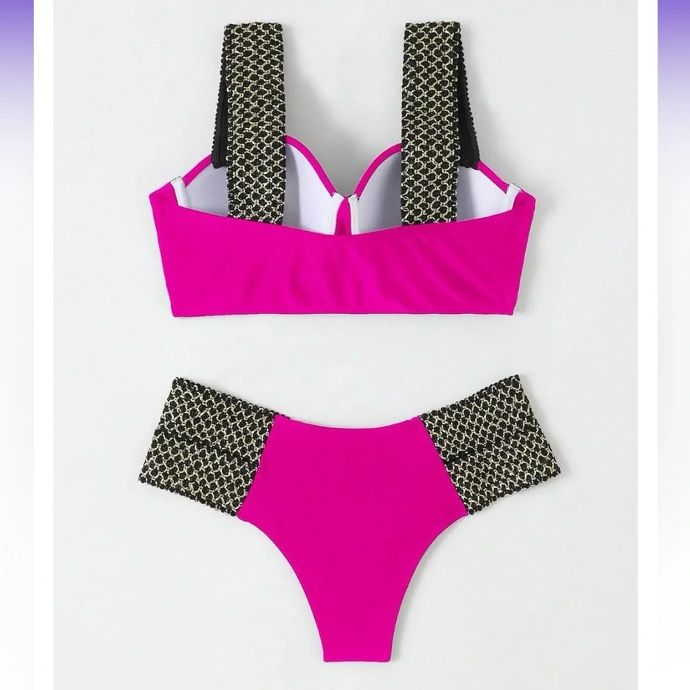 NWT. OOH LA LA Retro Moulded Cup Hot Pink Bikini w/Elastic Straps